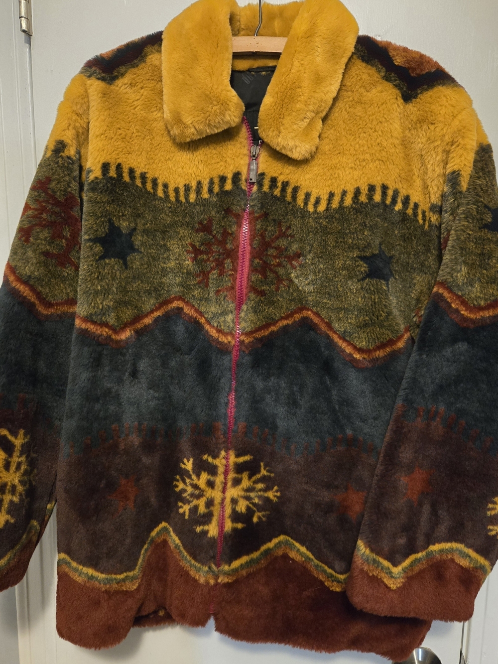 VTG 90s Artfur by Duffel Aztec Snowflake Modacrylic Faux Fur Teddy Coat M